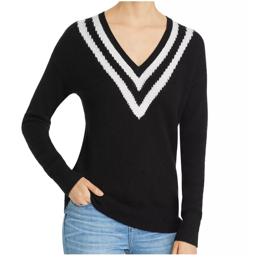 C by BLOOMINGDALE's Black Cashmere Pullover V Neck Varsity Stripe Sweater